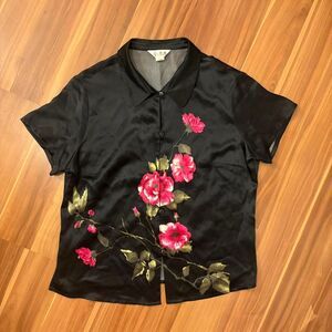 100% silk black button up blouse with pink floral print